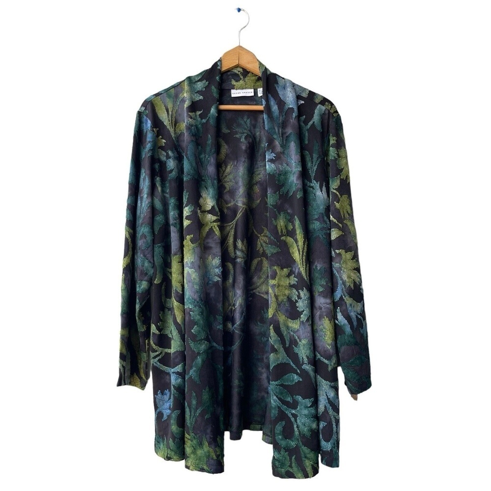 SUSAN GRAVER Cardigan Petite 2XP Tie Dye Clip Jacquard Long Sleeve Teal Citron